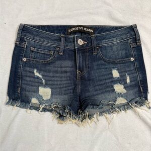 Express Shortie Low Rise Distressed Denim Shorts | Size 0
